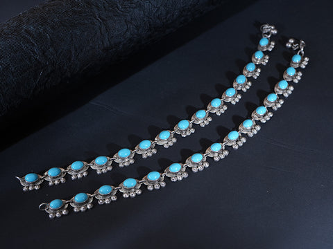 Pure Silver Antique Finishing Turquoise Blue Stone Anklet