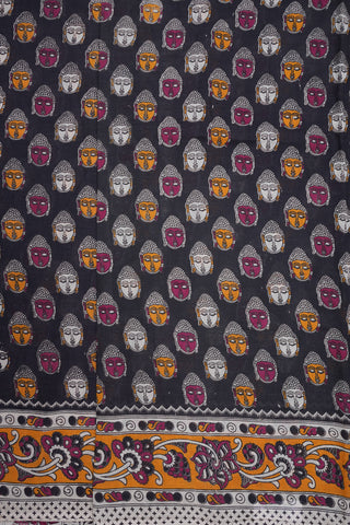 Buddha Motifs Black Printed Kalamkari Cotton Saree