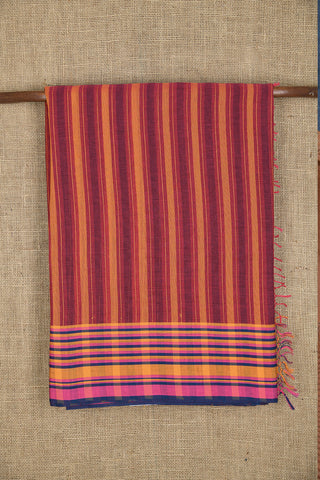 Multicolor Border With Thread Work Stripes Maroon Hand Spun Bengal Cotton Saree