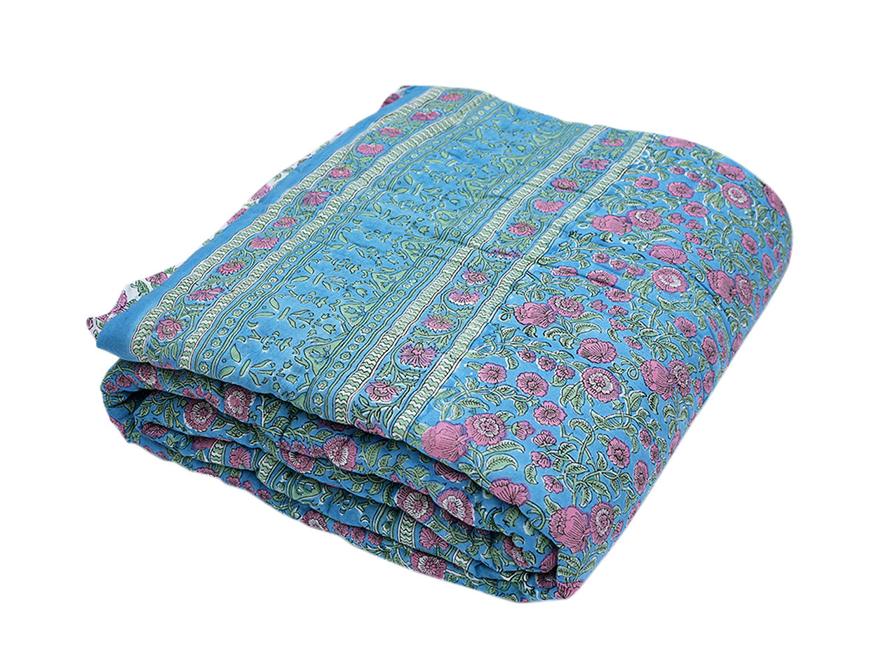Allover Floral Design Cerulean Blue Single Cotton Quilt