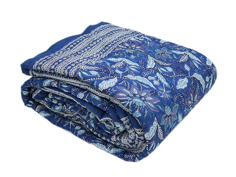 Allover Floral Design Indigo Blue Queen Cotton Quilt