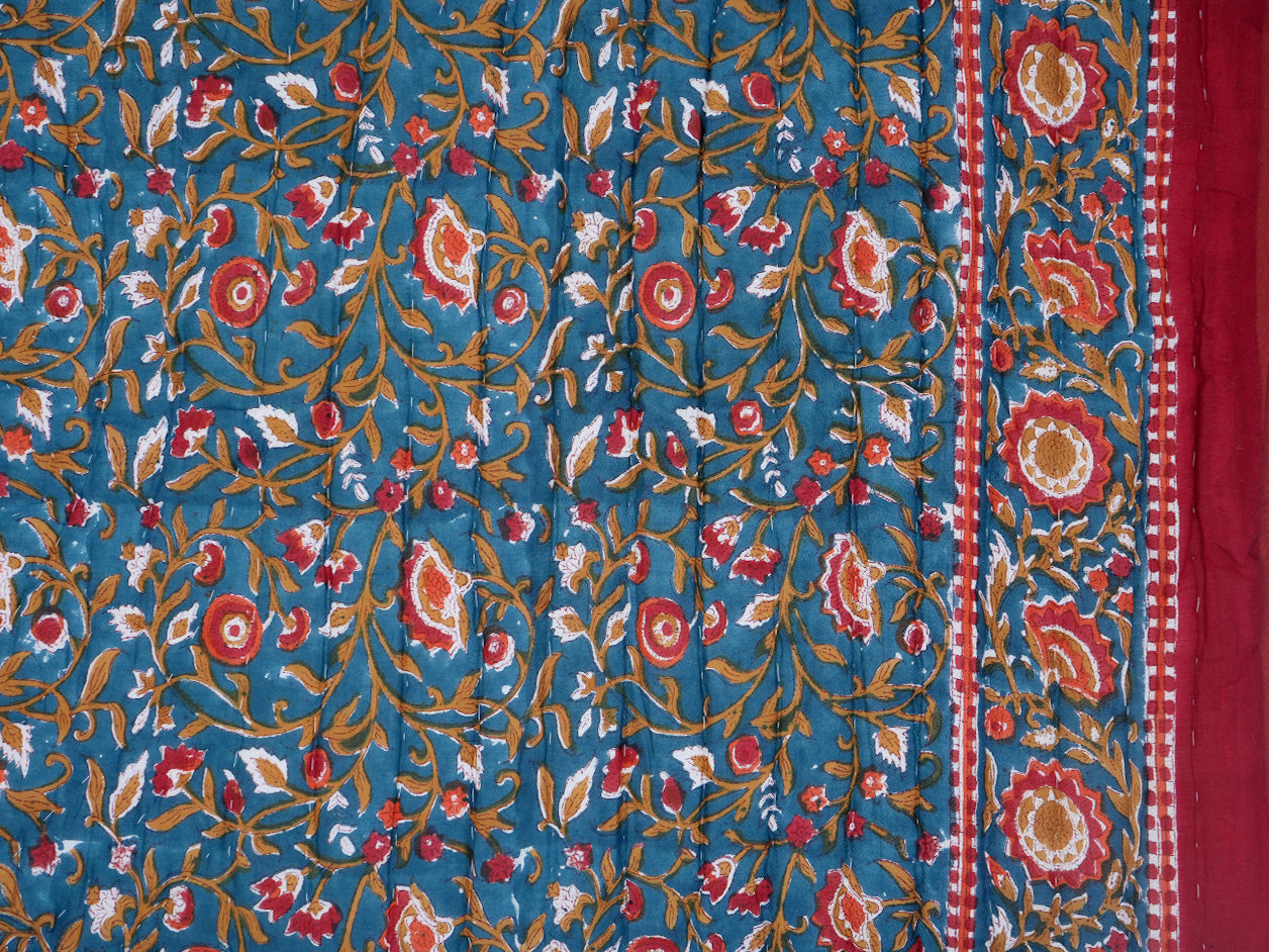 Allover Floral Design Teal Blue Single Cotton Quilt