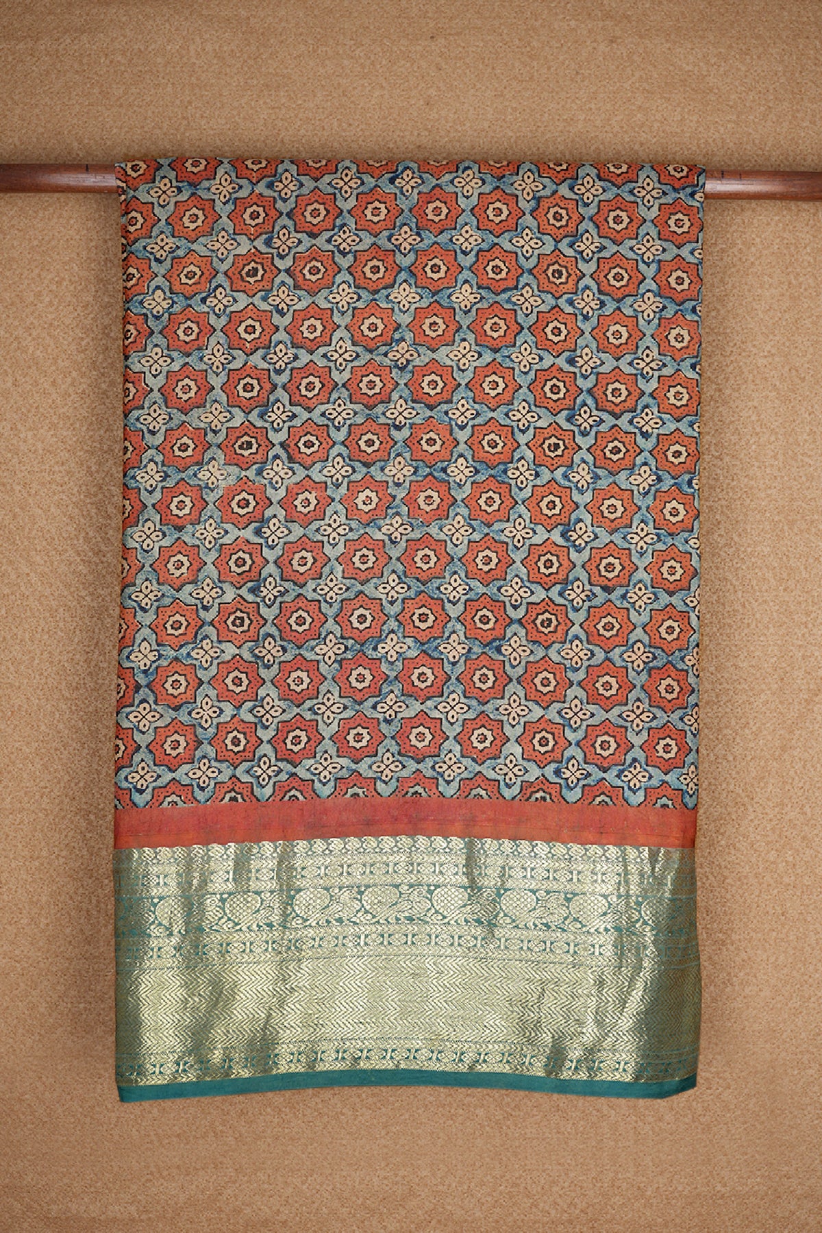 Multicolor Hand Block Ajrakh Kanchipuram Silk Saree