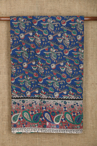 Musical Instruments Design Kalamkari Printed Lapis Blue Cotton Saree
