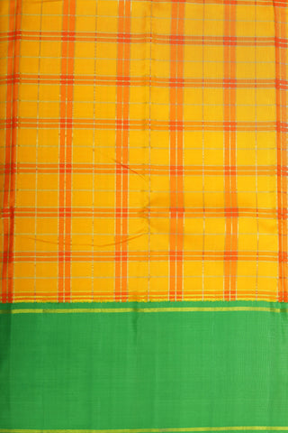 Muthu Seer Korvai Border With Zari Checks Yellow And Orange Kanchipuram Silk Saree