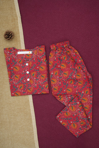 Crew Neck Half Placket Jaipur Printed Red Cotton Night Suit Set