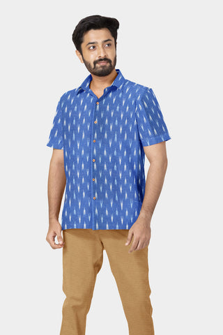 Regular Collar Ikat Design Powder Blue Cotton Shirt