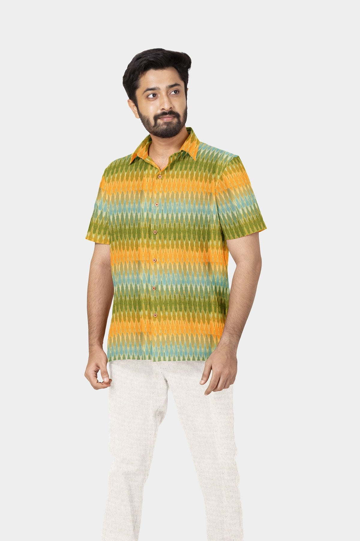 Regular Collar Ikat Design Multicolor Cotton Shirt