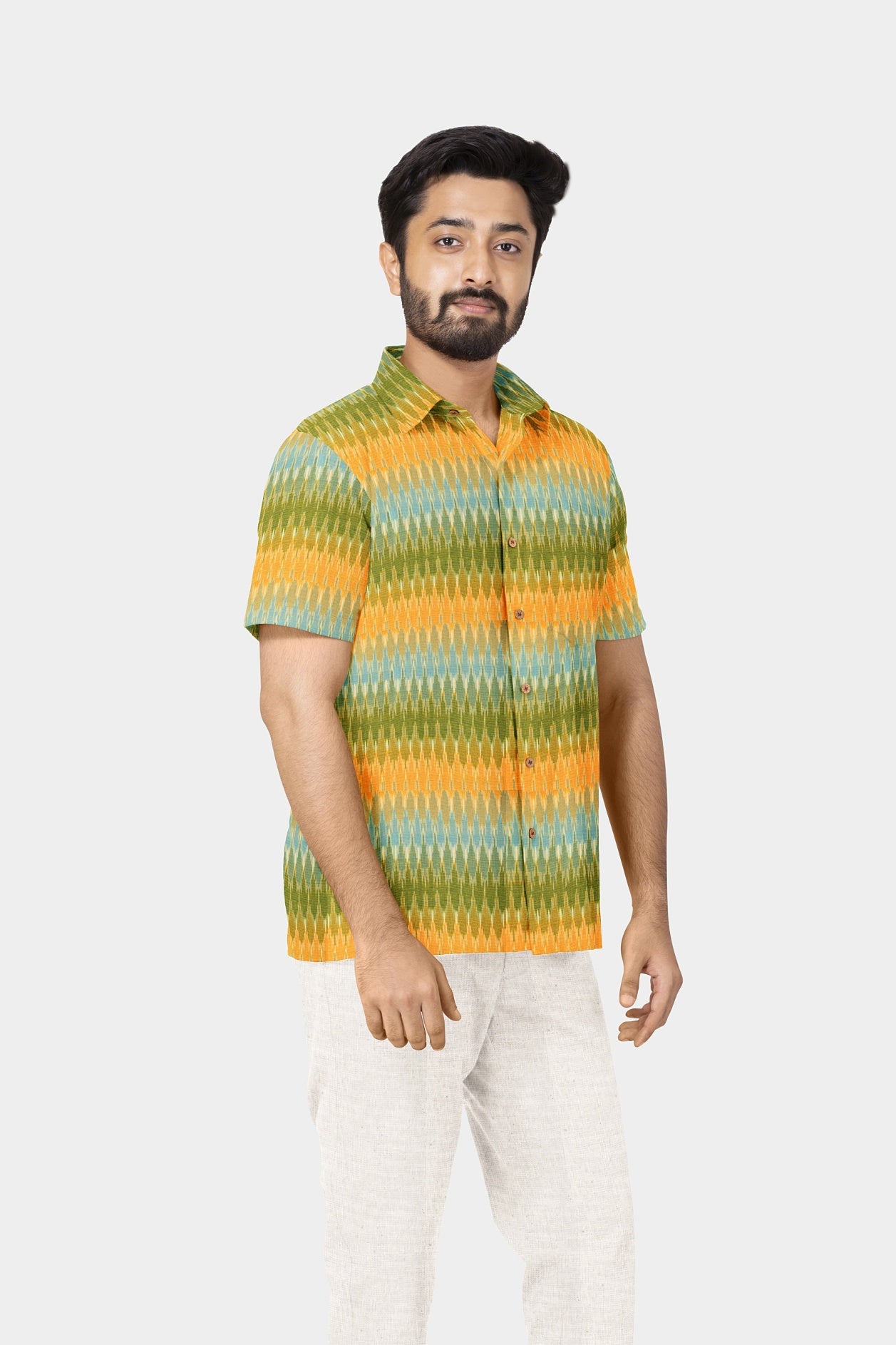Regular Collar Ikat Design Multicolor Cotton Shirt
