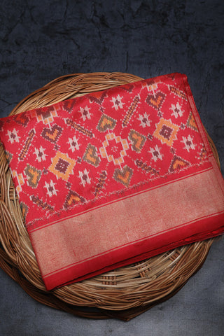 Bavanchi Border With Geometric Design Crimson Red Pochampally Silk Saree