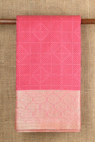 Ogee Pattern Zari Border With Geometric Pattern Watermelon Pink Semi Kota Cotton Saree