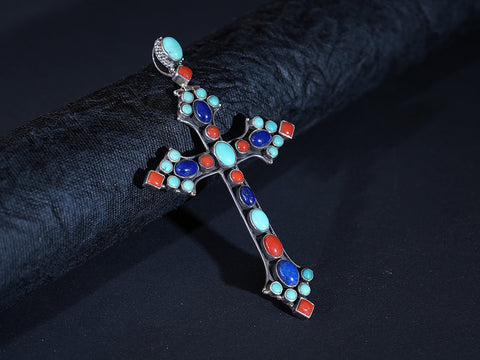 Pure Silver Antique Finishing Turquoise Blue And Liberty Stone Cross Pendant