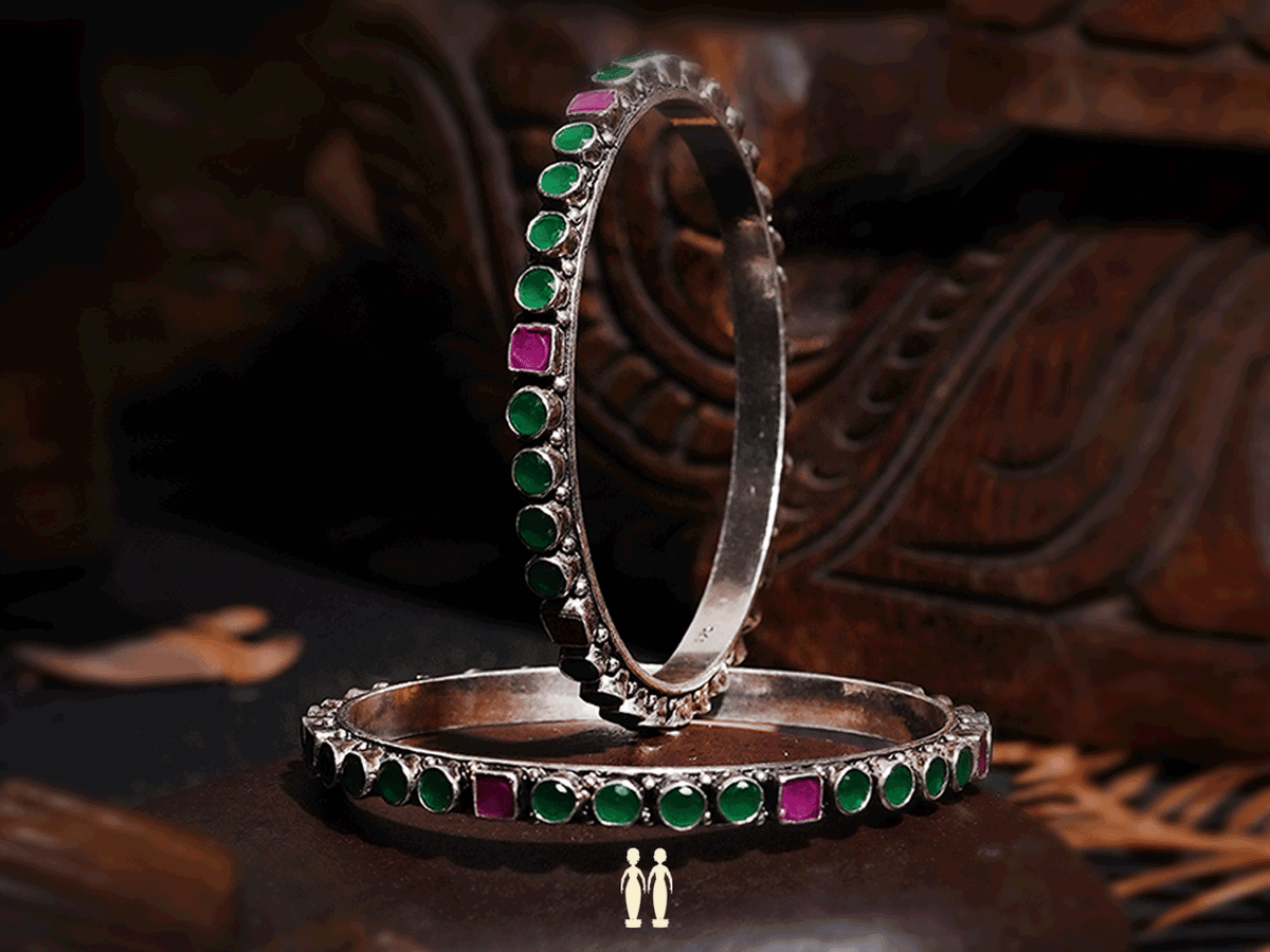 Pair Of Green And Pink Stones Pure Silver Bangles