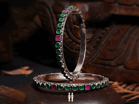Pair Of Green And Pink Stones Pure Silver Bangles