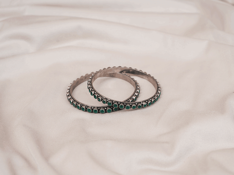 Pair Of Green Stone Oxidized Silver Bangles