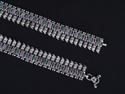 Pair Of Red And Green Stone Pure Silver Anklets