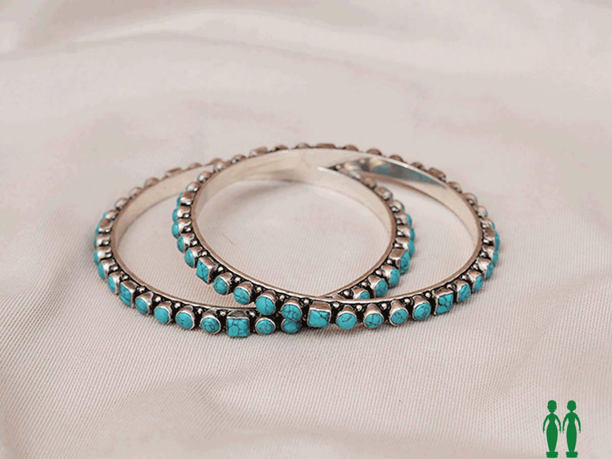 Pair Of Turquoise Blue Stone Oxidized Silver Bangles