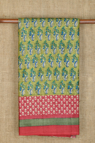 Contrast Border With Floral Design Digital Printed Green Tussar Silk Saree