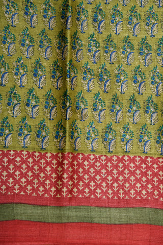 Contrast Border With Floral Design Digital Printed Green Tussar Silk Saree