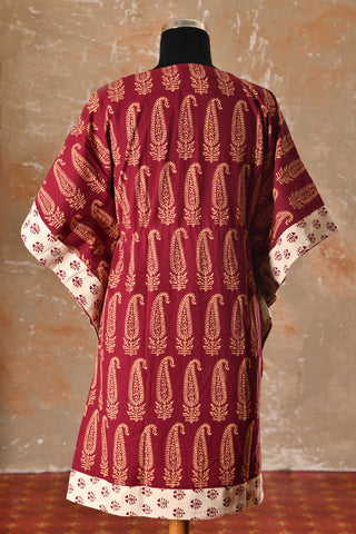 Paisley Design With Dark Maroon Printed Cotton Kaftan Night Wear