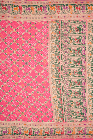 Paisley And Floral Design Coral Pink Bandhani Silk Saree