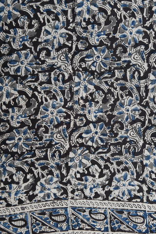 Paisley Border With Allover Floral Design Black Kalamkari Printed Silk Saree