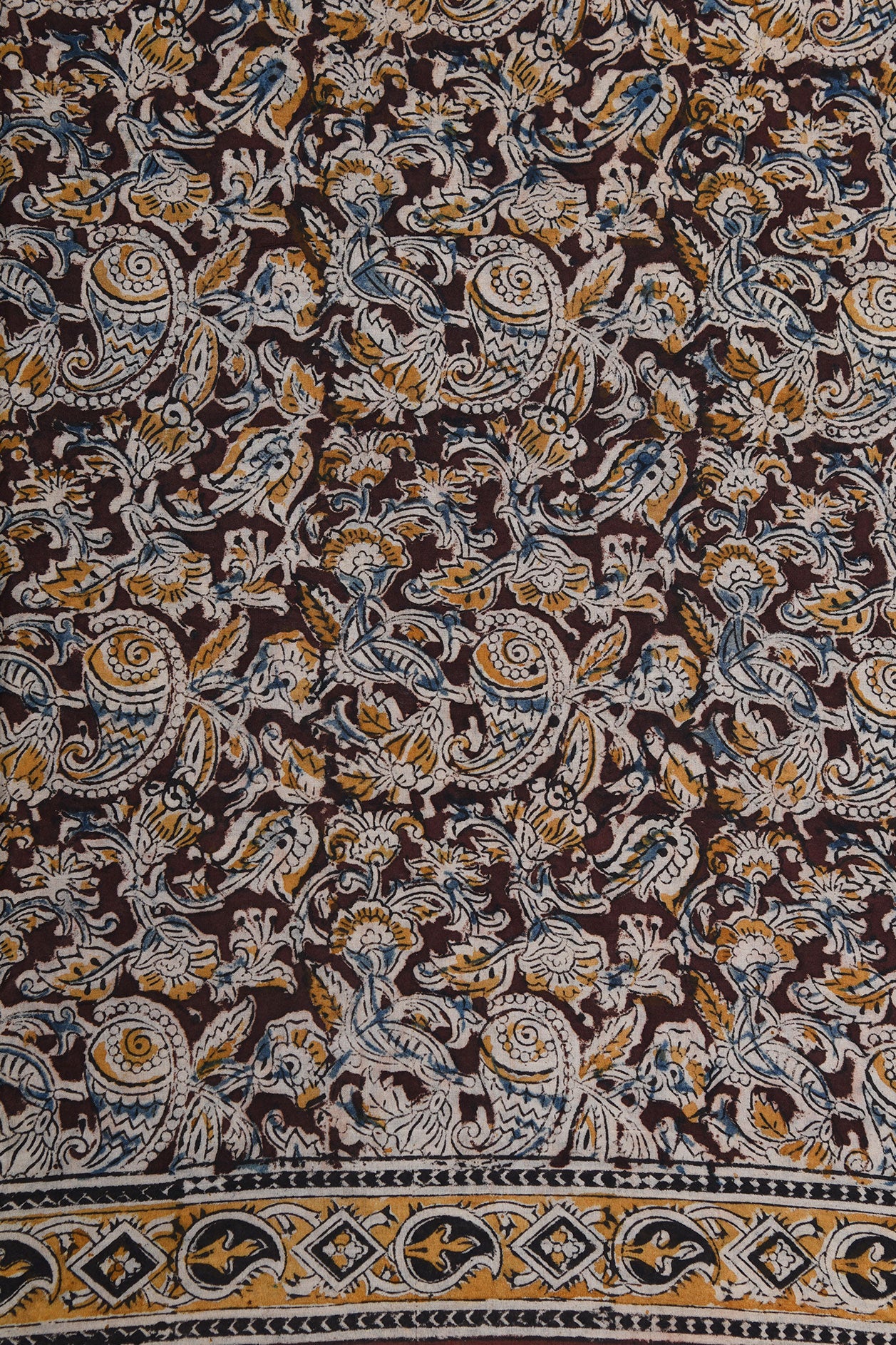 Paisley Border With Floral Design Chocolate Brown Kalamkari Printed Cotton Saree