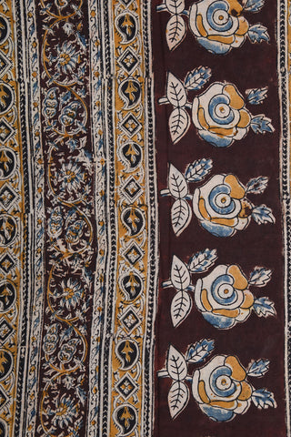 Paisley Border With Floral Design Chocolate Brown Kalamkari Printed Cotton Saree