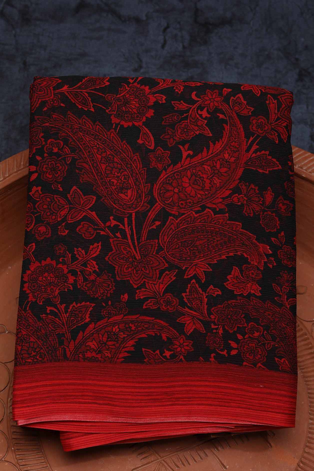 Paisley Design Digital Printed Black And Red Chiffon Silk Saree
