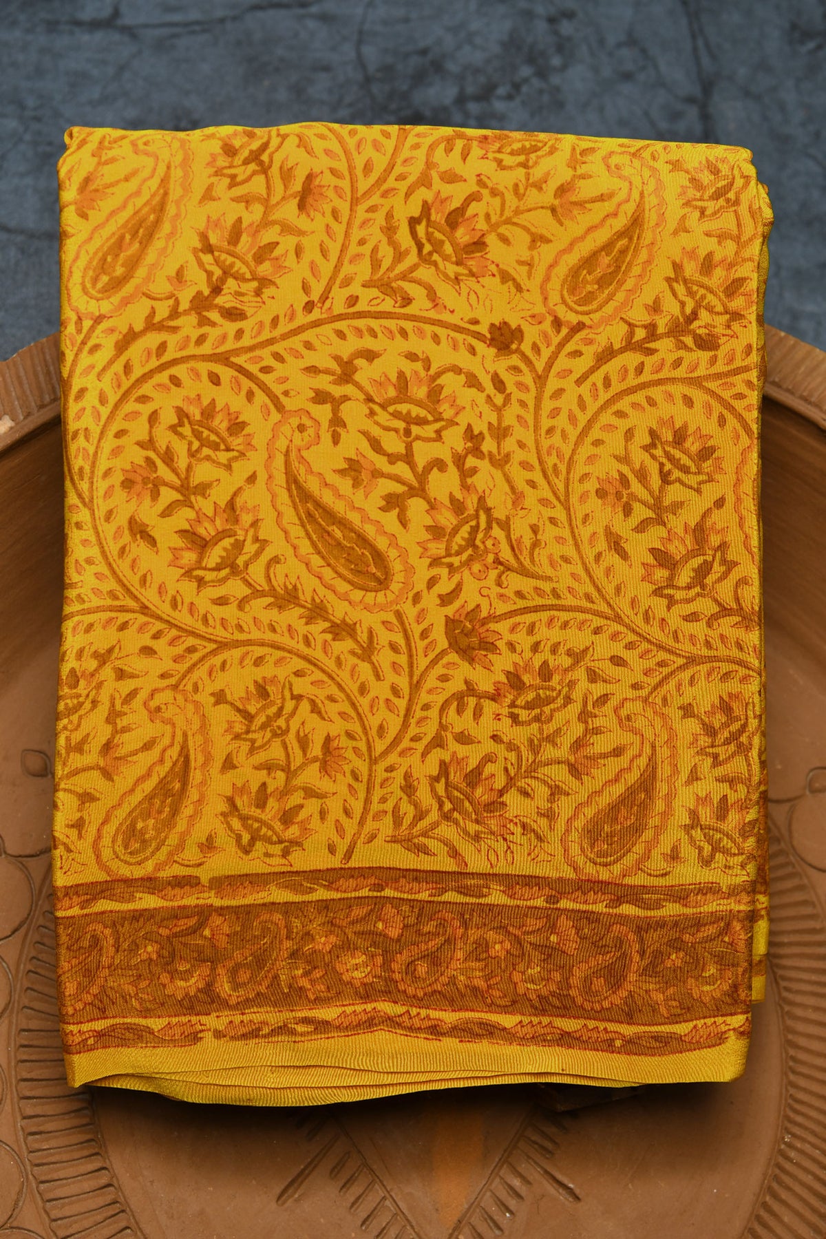Paisley Floral Digital Printed Mustard Crepe Silk Saree
