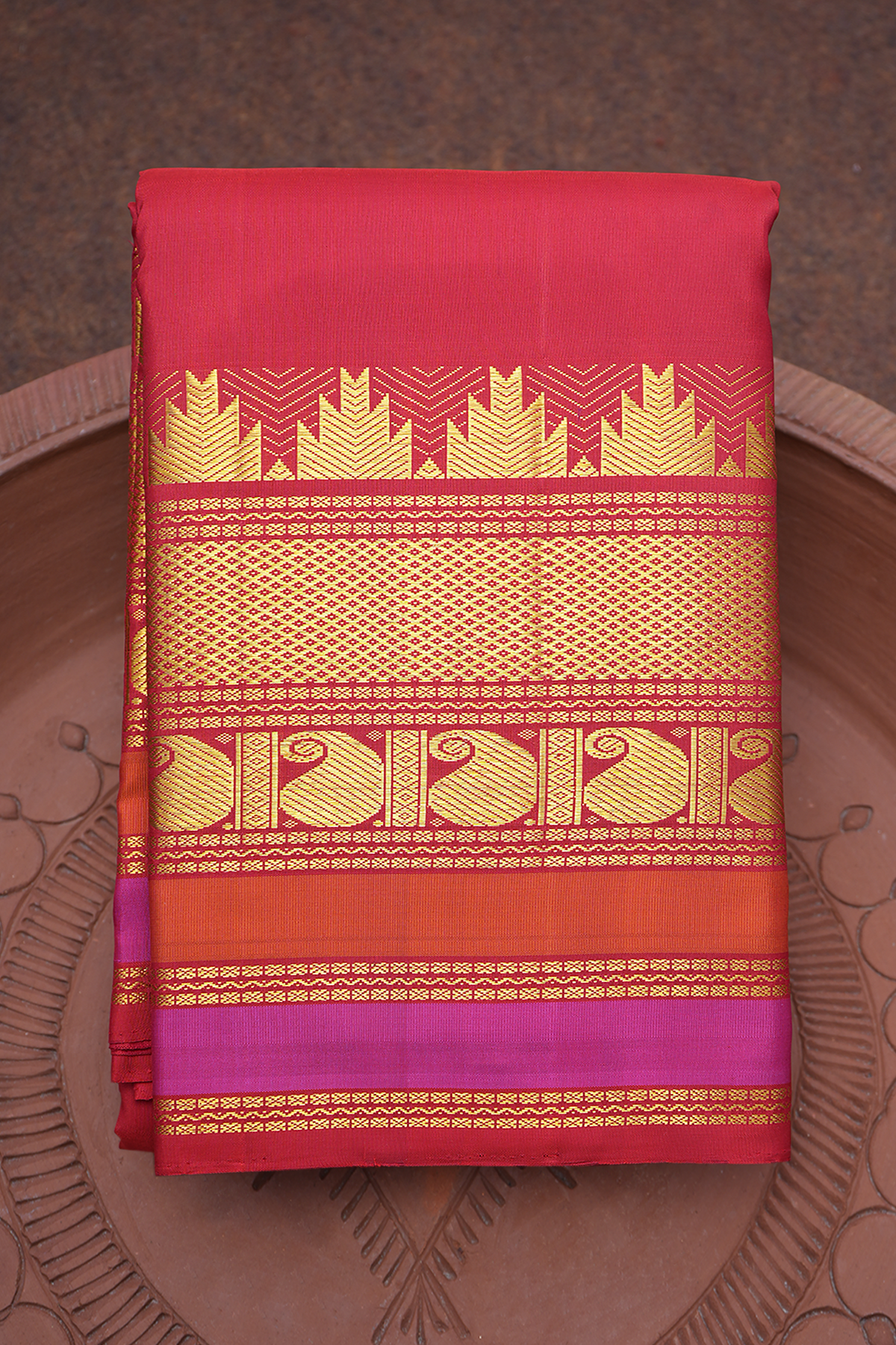 Paisley Floral Zari Motifs Chilli Red Kanchipuram Silk Saree