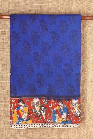 Paisley Peacock Design Blue Kalamkari Printed Cotton Saree