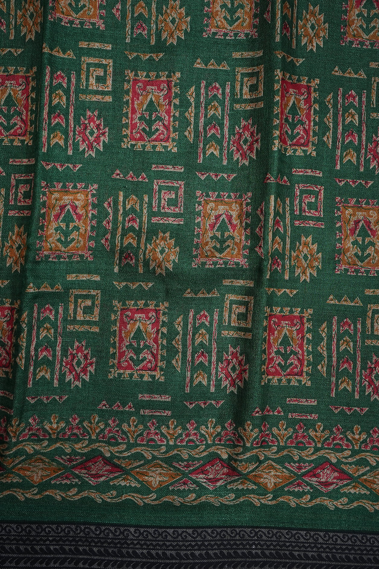 Allover Printed Design Green Pashmina Wool Cotton Saree