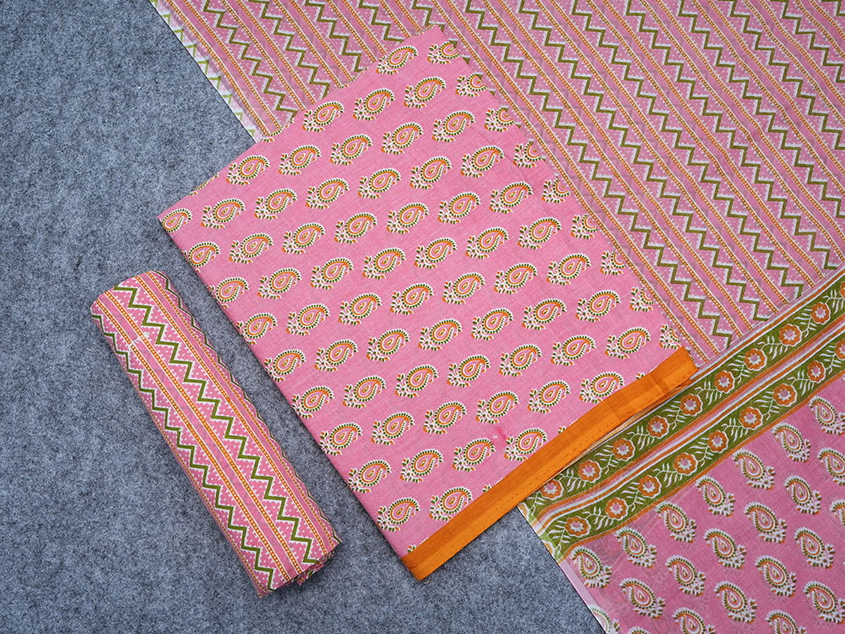 Paisley Printed Pink Cotton Unstitched Salwar Material