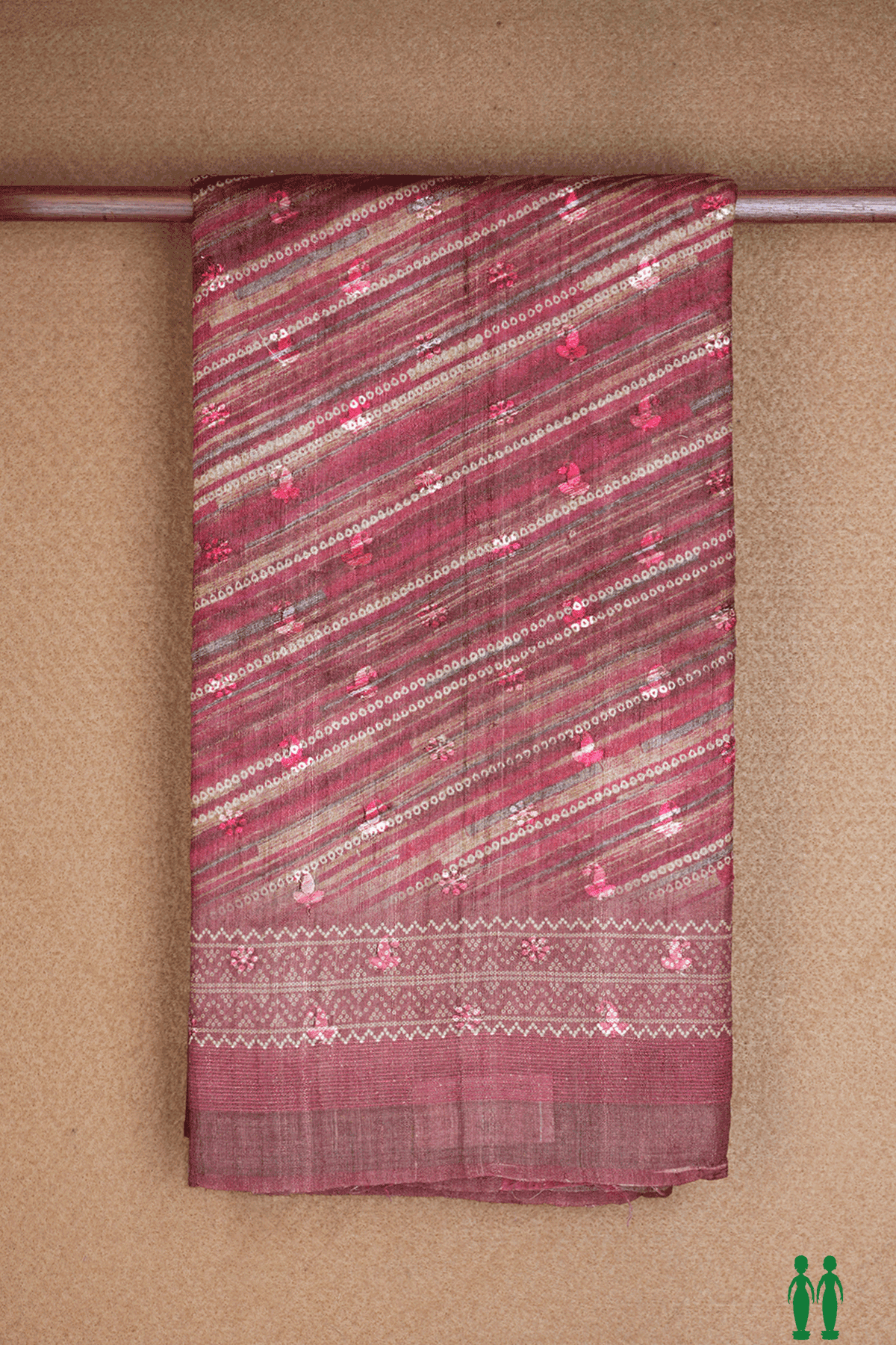 Paisley Threadwork Buttis Dusty Rose Pink Tussar Silk Saree