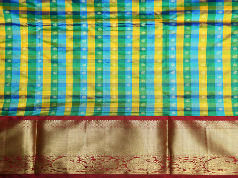 Paisley Zari Big Border With Checks And Buttis Multicolor Kanchipuram Silk Unstitched Pavadai Sattai Material