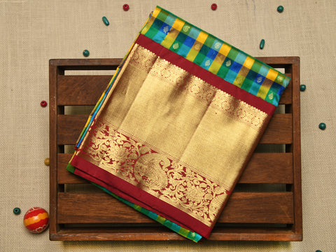 Paisley Zari Big Border With Checks And Buttis Multicolor Kanchipuram Silk Unstitched Pavadai Sattai Material