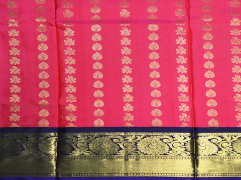 Paisley Zari Big Border With Stripes And Buttis Rani Pink Kanchipuram Silk Unstitched Pavadai Sattai Material