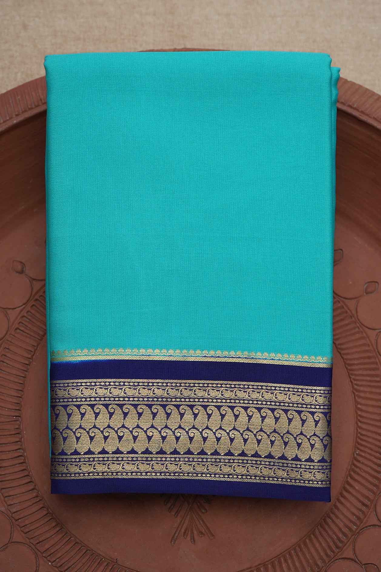 Paisley Zari Border Plain Turquoise Blue Mysore Silk Saree