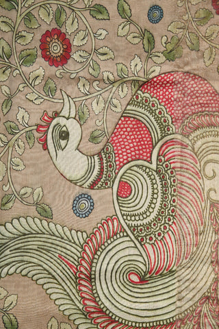 Paisley Zari Border With Digital Floral Printed Kalamkari Printed Taupe Grey Chanderi Cotton Saree