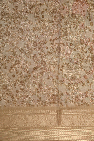 Paisley Zari Border With Digital Floral Printed Kalamkari Printed Taupe Grey Chanderi Cotton Saree
