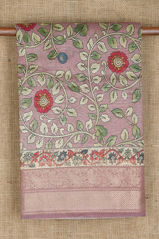 Paisley Zari Border With Digital Floral Printed Mauve Pink Chanderi Cotton Saree