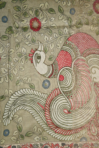 Paisley Zari Border With Digital Floral Printed Sage Green Kalamkari Printed Chanderi Cotton Saree
