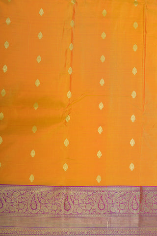 Paisley Zari Border With Thilagam Buttis Mustard Yellow Kanchipuram Silk Saree
