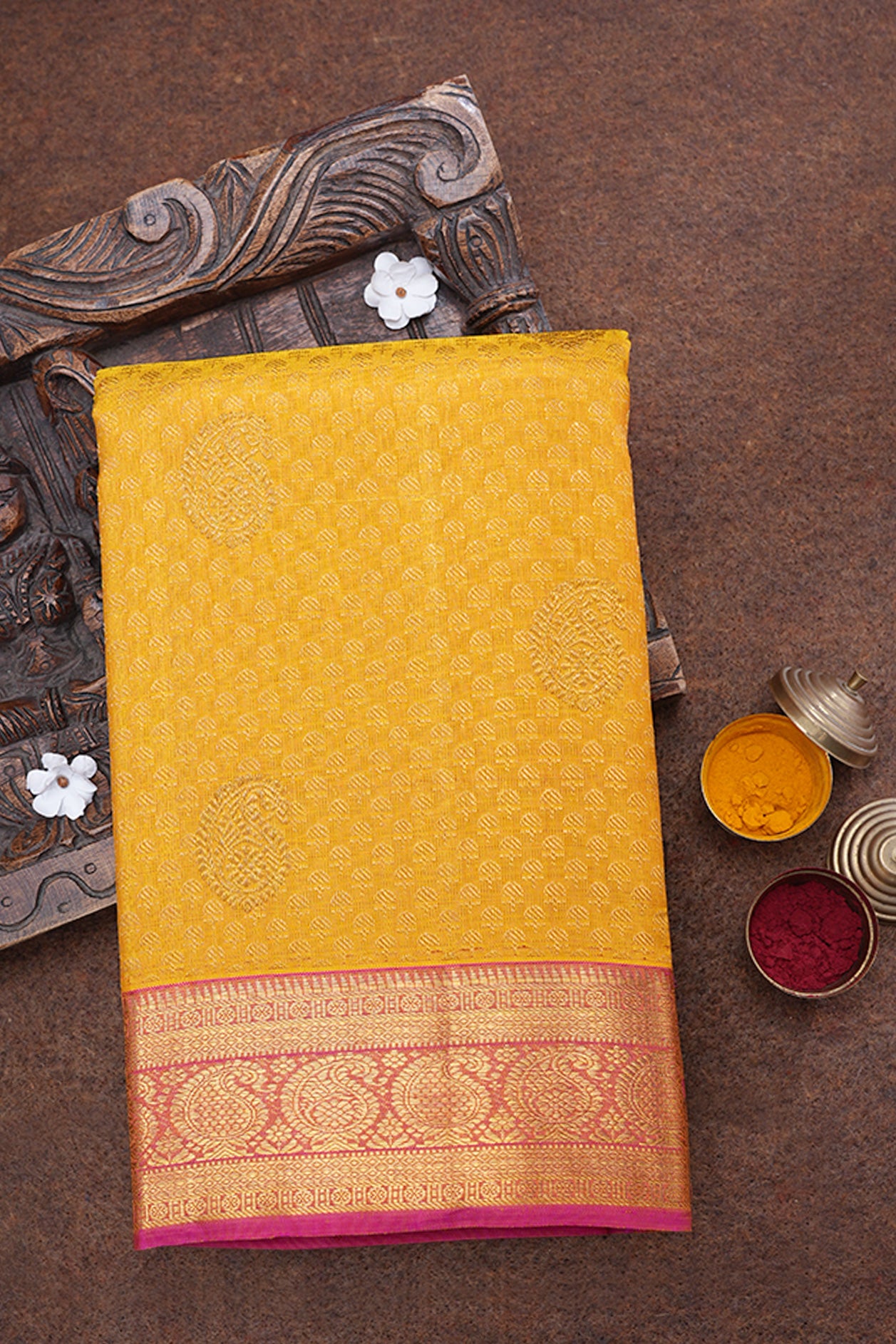 Paisley Zari Border With Motifs Mustard Yellow Kanchipuram Silk Saree