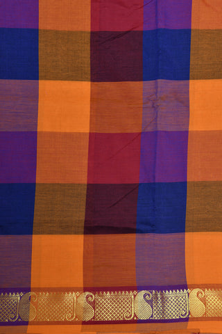 Paisley Zari Border With Multicolor Checks Poly Cotton Saree