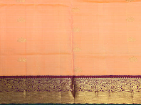 Paisley Zari Border With Traditional Buttas Peach Orange Kanchipuram Silk Unstitched Pavadai Sattai Material