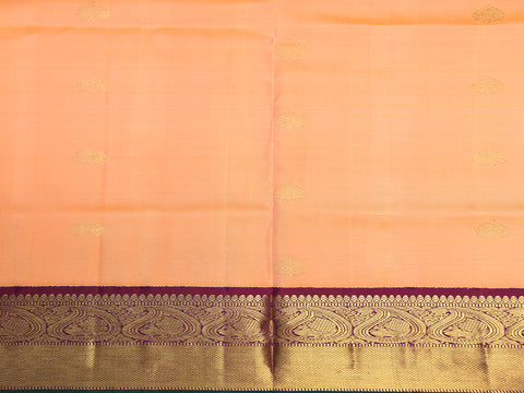 Paisley Zari Border With Traditional Buttas Peach Orange Kanchipuram Silk Unstitched Pavadai Sattai Material