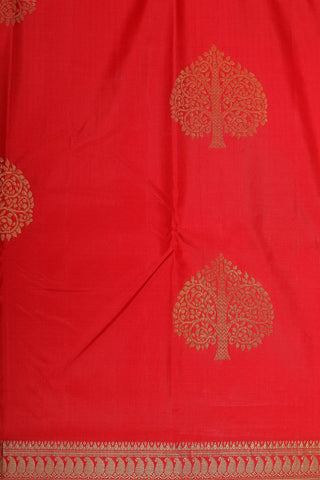 Paisley Zari Border With Tree Motif Tomato Red Kanchipuram Silk Saree