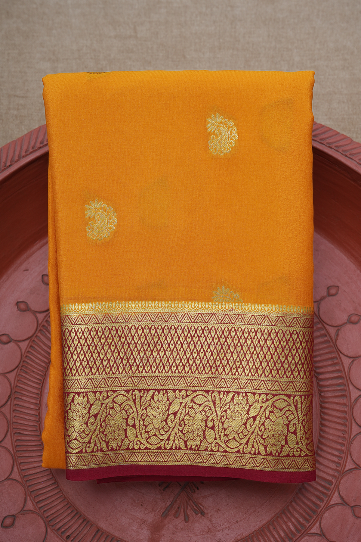 Paisley Zari Motifs Honey Orange Mysore Silk Saree